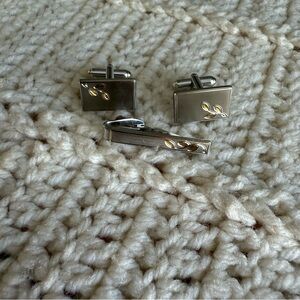 Shields Brushed Nickel and Gold Leaf Embossed Cufflinks and Tie Clip